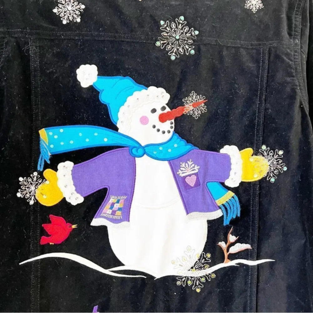 Quaker Factory Black Velvet Jean Jacket Women's Size Small Snowman Sequins New - Picture 9 of 9
